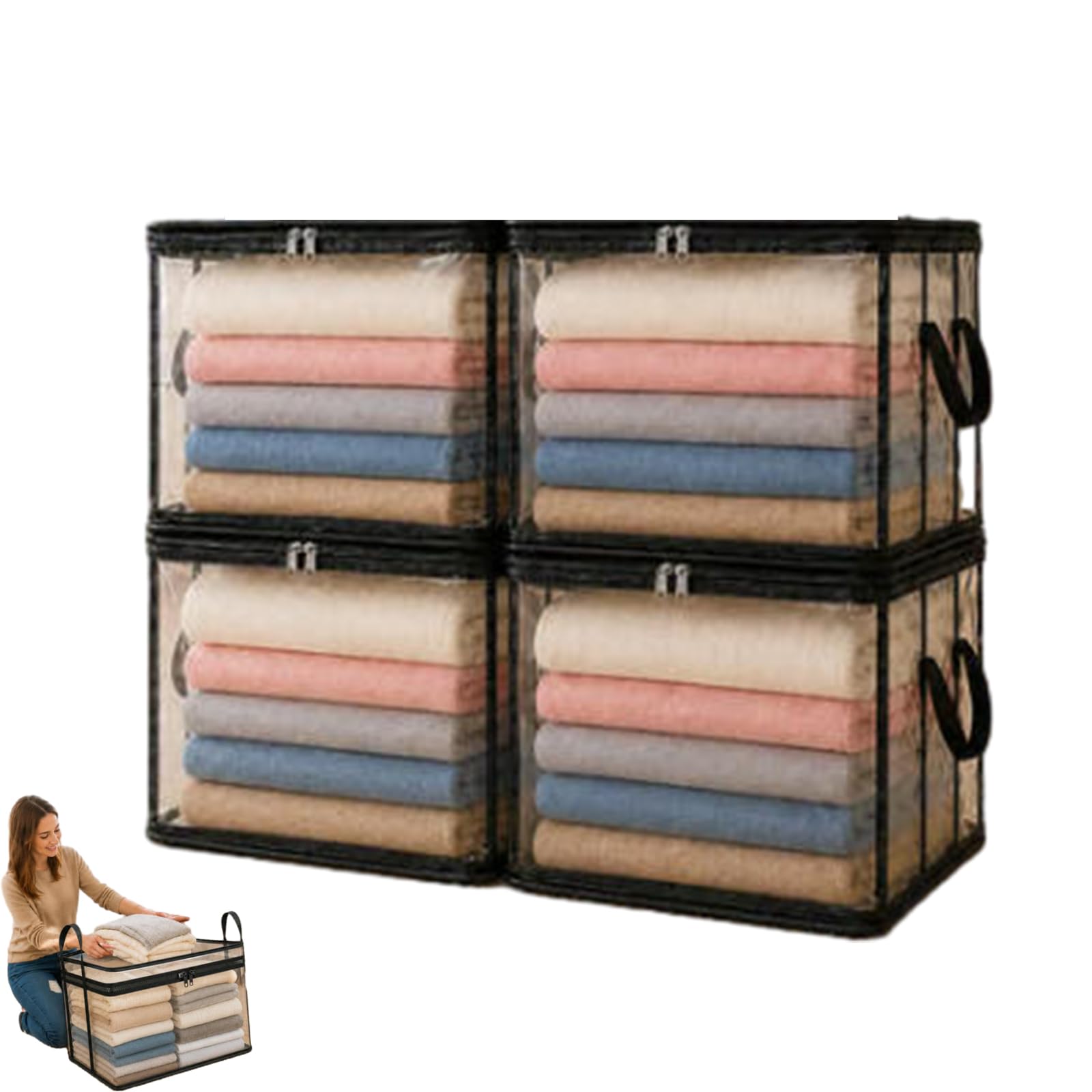 4/5/6 PCS Large Clear Thick Plastic Storage Box with Hinged Lid,Large Heavy-Duty Thick Plastic Clear Storage Bag for Clothes,Storage,180° Flip Cover Heavy-Duty Space-Saving Organizer (4, M)