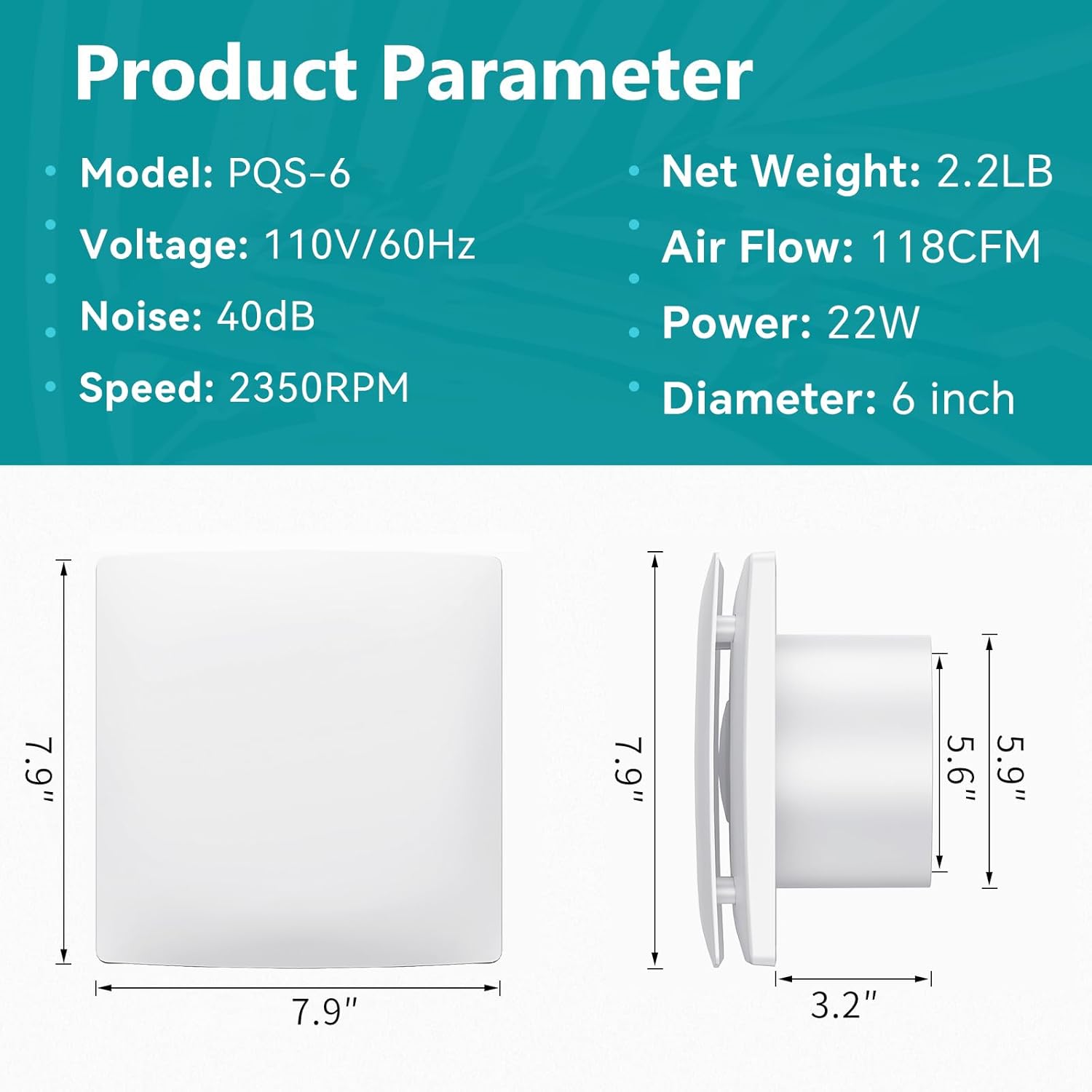 Exhaust Fan 6 Inch With Power Cord Ventilation Fan With Check Valve White Square Quiet Powerful Ceiling or Wall Mount Ventilation Fan for Kitchen/Bathroom/Corridor/Office/Laundry/Store