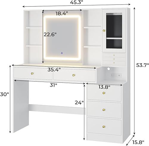 Miniatura 6 de BTHFST Tocador de maquillaje con estación de carga y joyero de 3 capas, escritorio con espejo deslizante y luces, mesa de tocador con 8 ganchos para