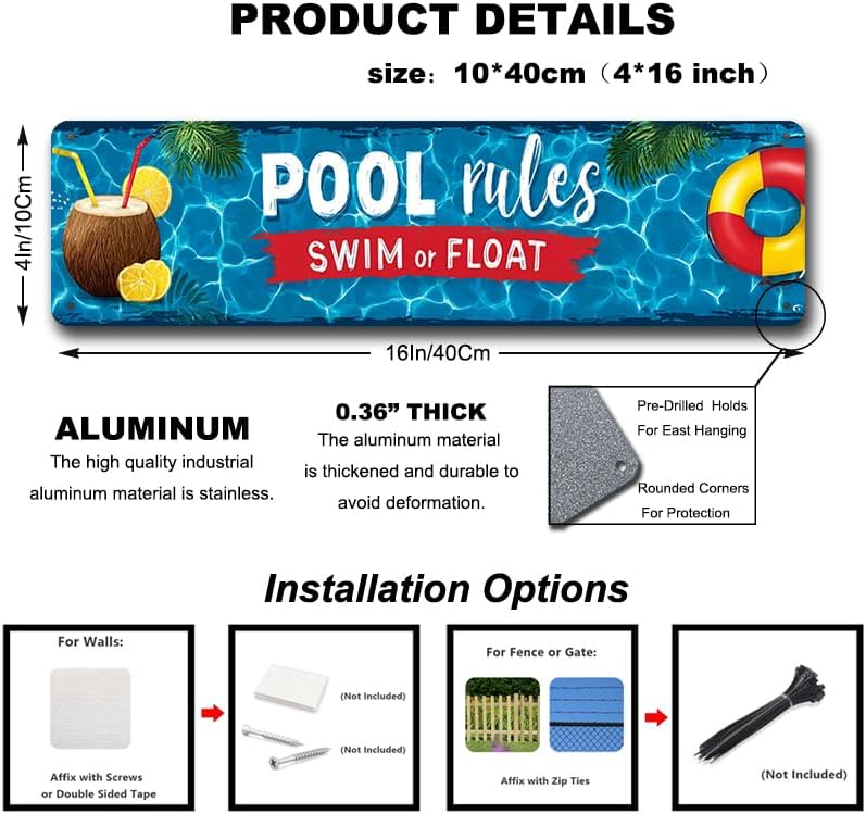 Decorative Tin Sign Pool Rules Swim Or Float Coconut Drink Lifebuoy Tropical Summer Poolside Style Metal Wall Art Aluminum Rustproof Corrosion Resistant for Backyard Patio Pool 4 * 16Inches image 2