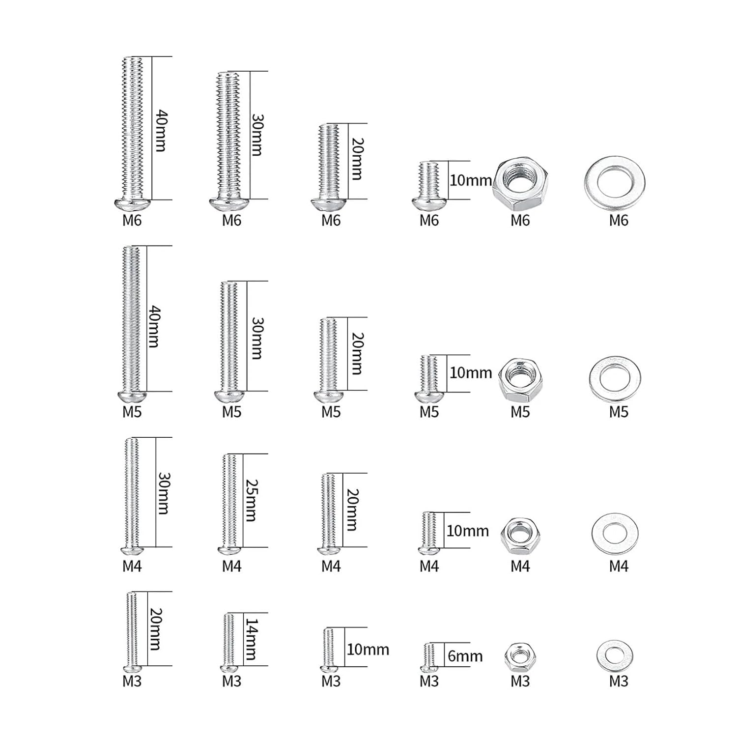 Compatible for 1080pc Screw Bolt and Nut and Flat Washer Kit, Metric,M3/M4/M5/M6 Cross Slotted Head Hexagon and Set