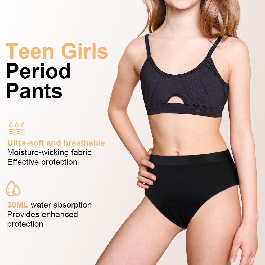 Majtki dziewczęce, zestaw 4 sztuk majtek menstruacyjnych dla dziewczynek, okresowe majtki, zmywalne, szorty, dla nastolatek, miękka i wygodna bielizna średniej wielkości