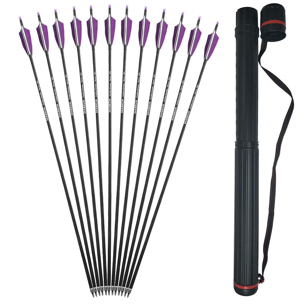SHARROW 32 Inches Archery Carbon Arrows Spine 500 Archery Target Arrow Adult Hunting Arrows with 4" Nature Feathers for Compound Bow Recurve Bow Longbow Bow And Arrow For Hunting (1Quiver+Purple, 24P)