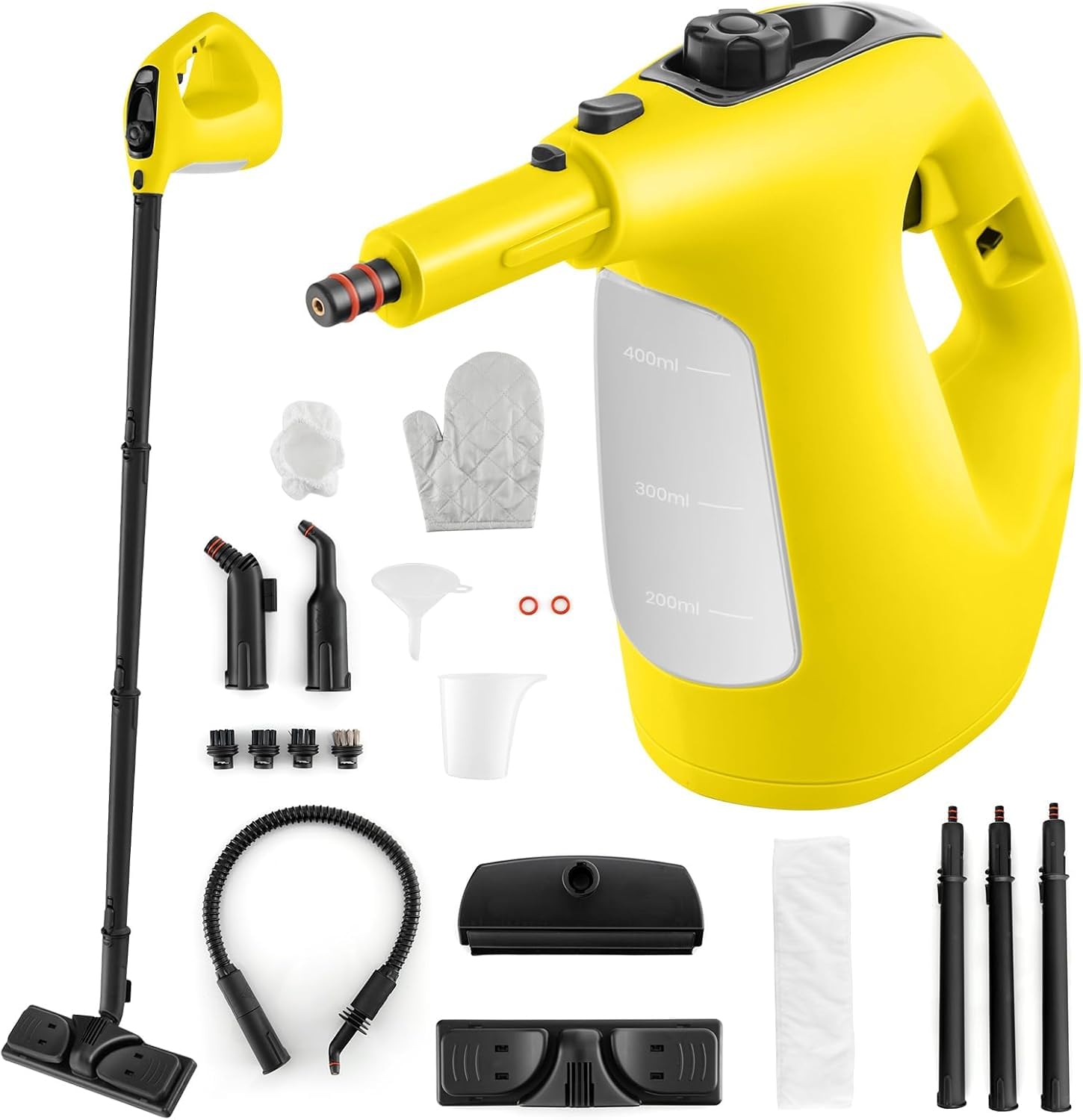 FANTASK 1500 W myjka parowa do 125℃ w kolorze żółtym, ze zbiornikiem 400 ml, czas nagrzewania: 1 min, urządzenie parowe z 14 akcesoriami i kablem sieciowym 5 m