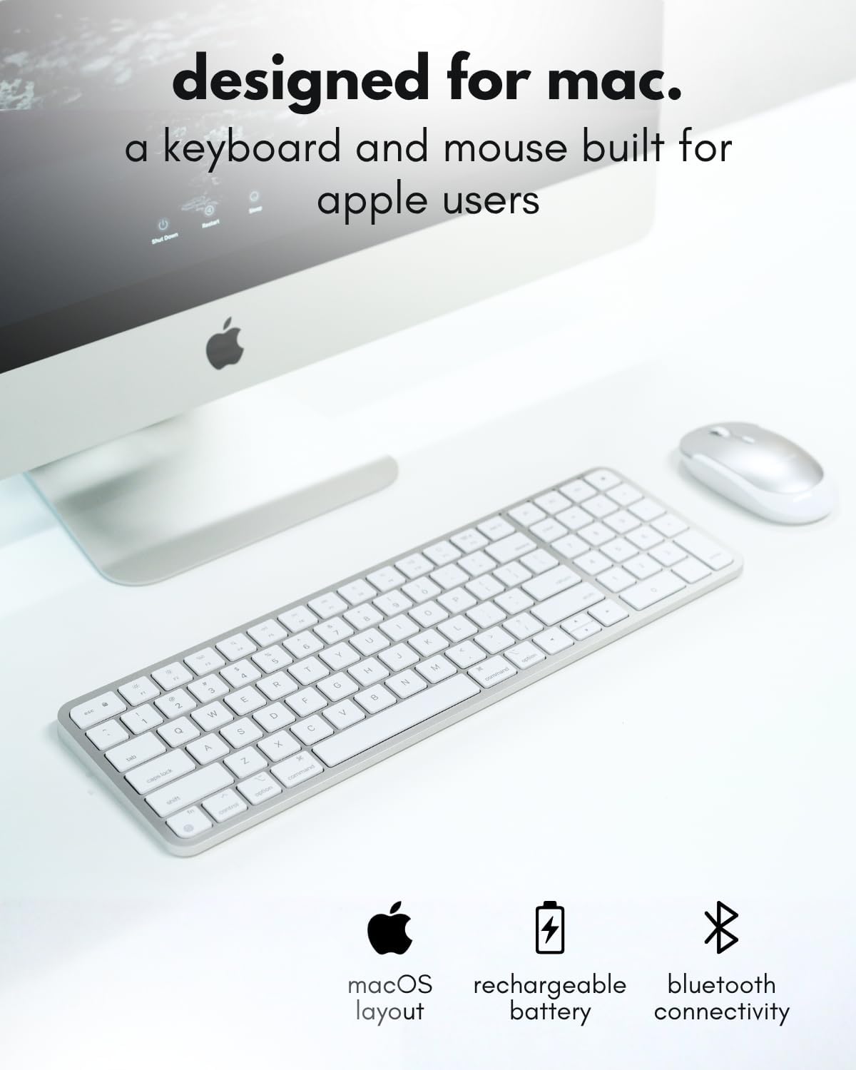 Macally Bluetooth Mac Keyboard and Mouse (Compact, Multi Device, Rechargeable) - Wireless Apple Keyboard and Mouse Combo - for Mac mini/Studio, MacBook Pro/Air, iMac, iPad, iPhone - Silver