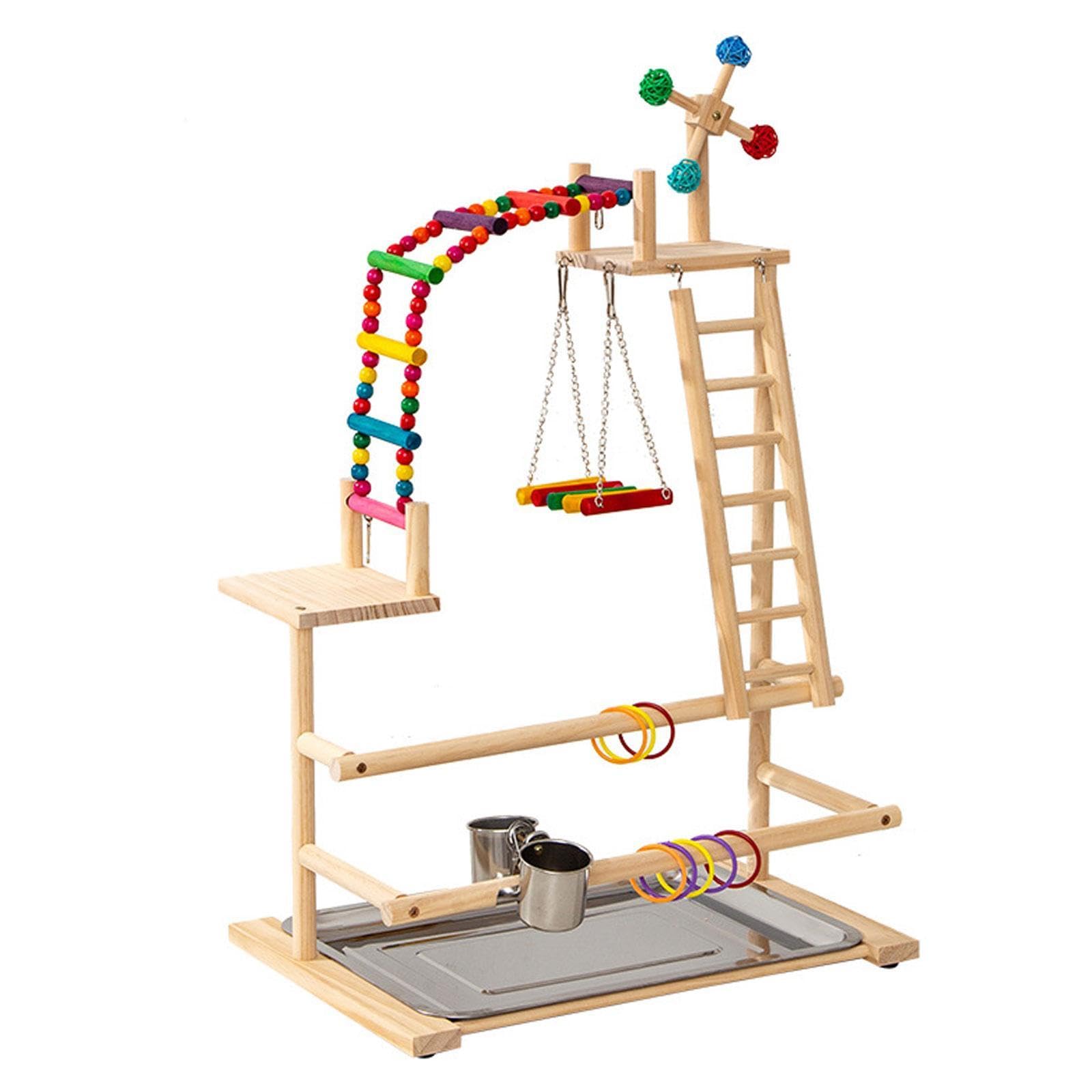 Parrocchetto Palestra Parco Giochi per Uccelli Pappagallo Posatoio in Legno Giocattolo Mulino Interattivo Multifunzionale Alimentatori Adatto per