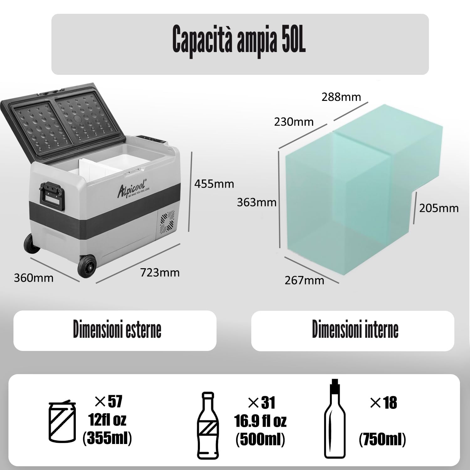 Alpicool T50 50 litri Frigoriferi per Auto Frigo Frigorifero Elettrico Congelatore Portatile per Auto/RV Camion Barca Campeggio 12/24V DC