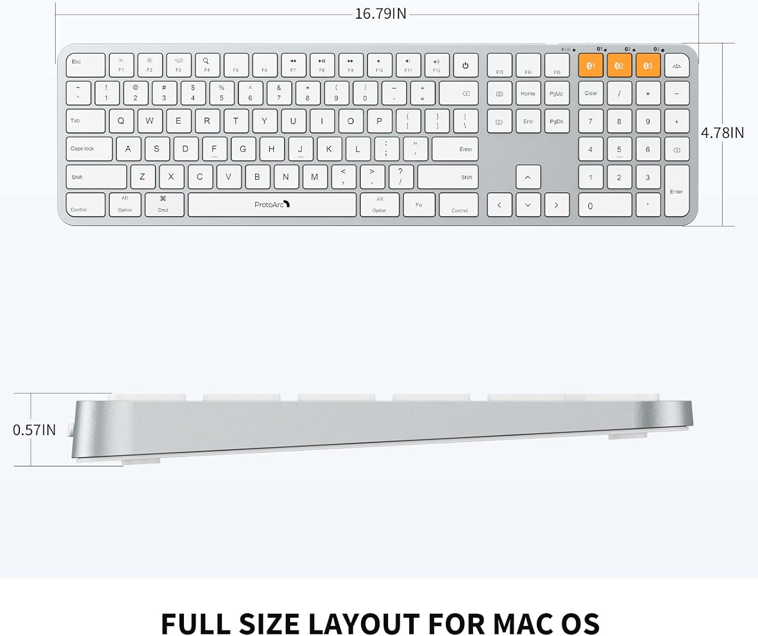 Diagram showing the dimensions of the ProtoArc K100-A keyboard: 16.79 inches length, 4.78 inches width, and 0.57 inches height.
