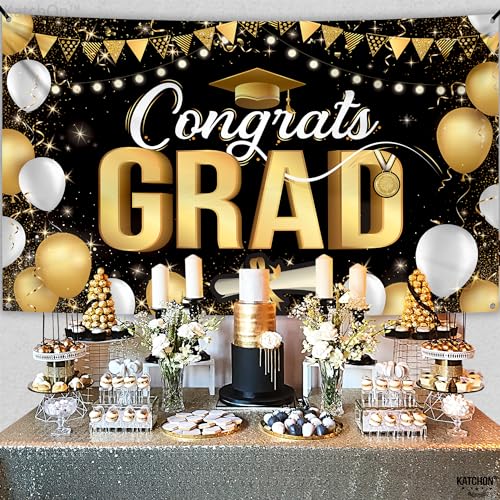 Image of Graduation Decorations 2026, Black and Gold Congrats Grad Banner - 72x44 Inch | Congrats Grad Backdrop for Grad Party Decorations, Graduation Banner for Congratulations Decorations, KatchOn