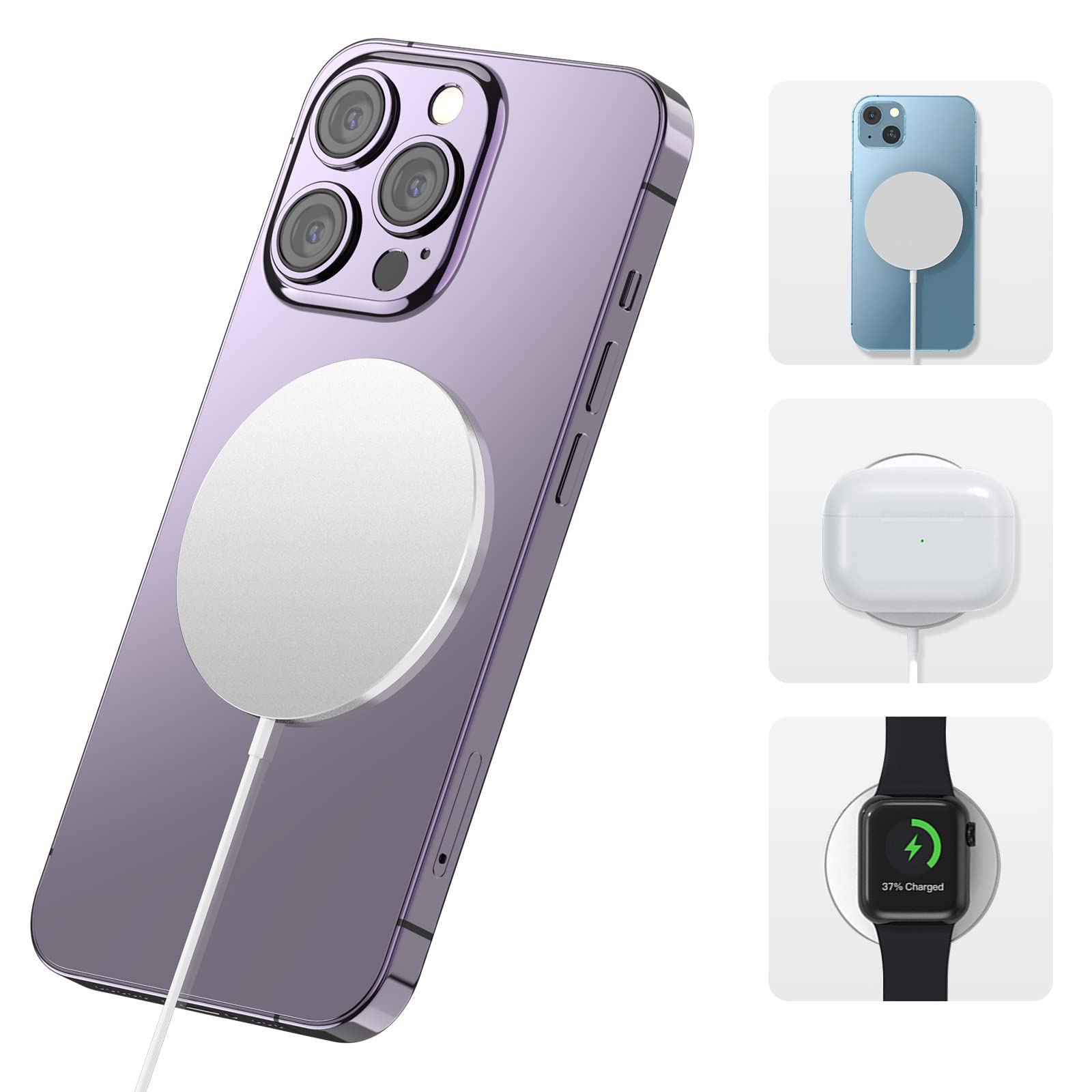 INFOSUN Magnetic Wireless Charger, 3 IN 1 Max Wireless Charging Pad, 15W for MagSafe Charger for iPhone 14/13/12 Series/Samsung S23/S22/AirPods 3/2/Pro/Apple Watch Series 8/7/6/5/4/3/2/1/SE - Silver