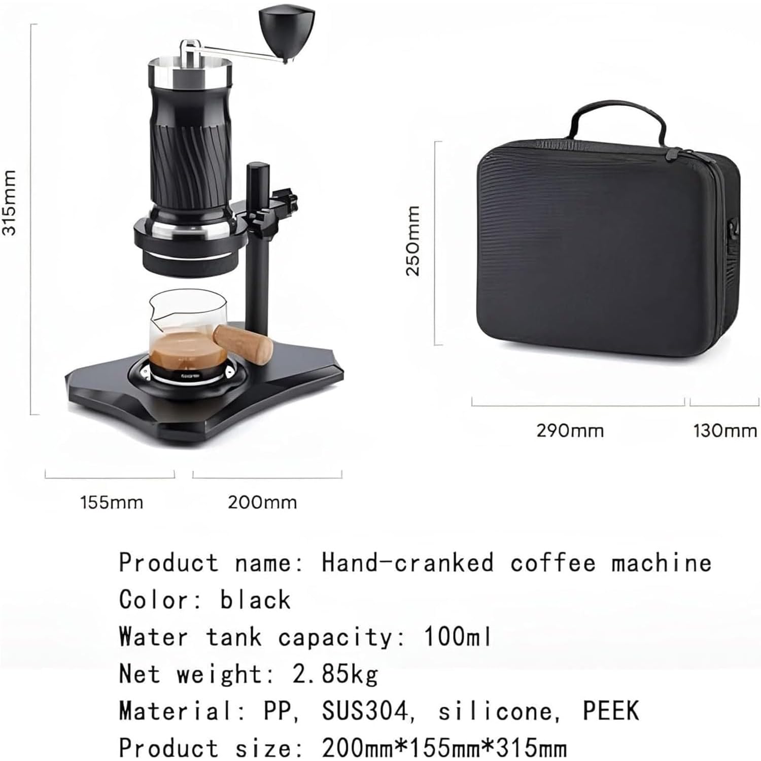 Macchina per caffè espresso manuale portatile con serbatoio da 100 ml, pressione 9-12 bar, ideale per campeggio e viaggi, include custodia, per comodità