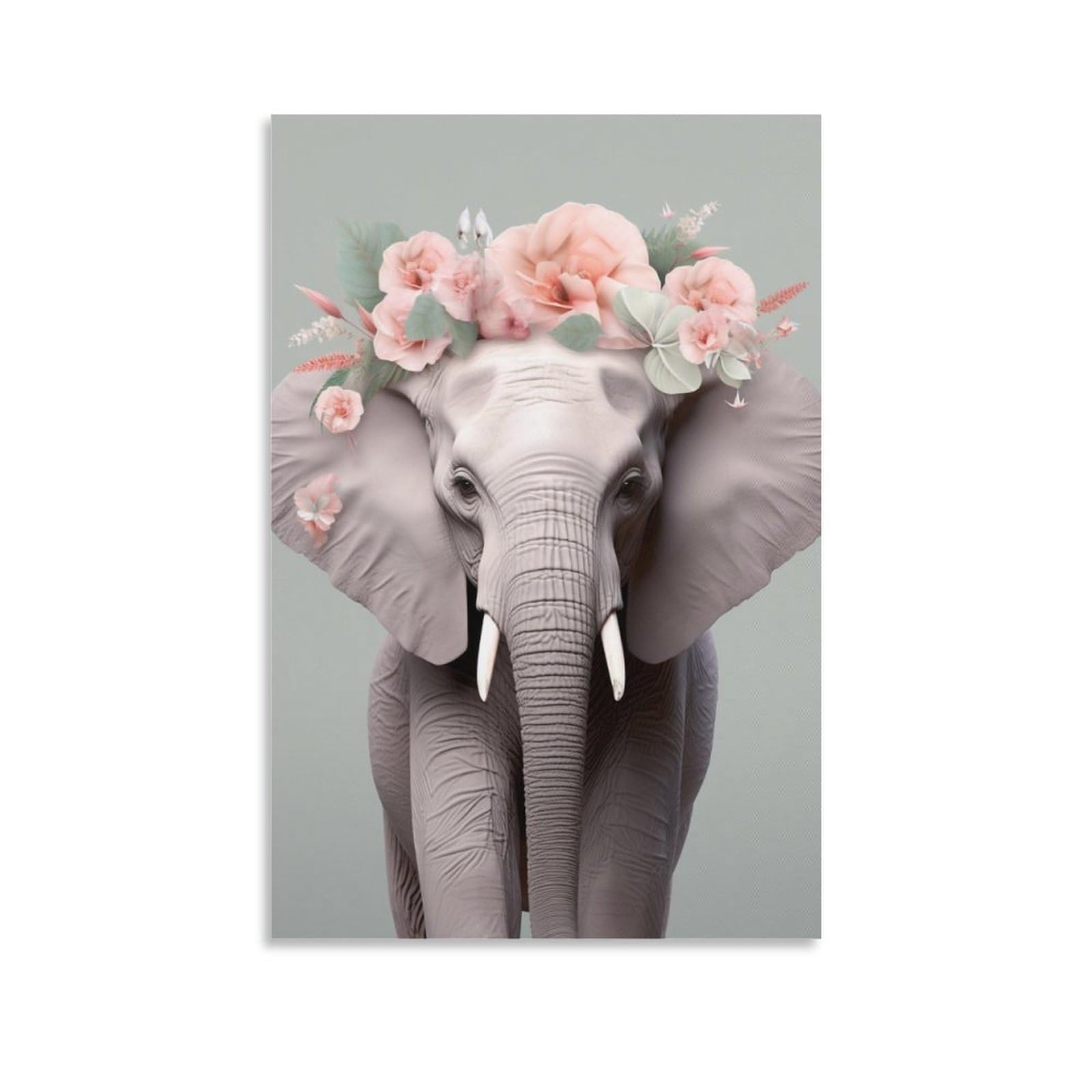 Foccar Unframe-Cute Elephant Canvas Wall Art Cute Elephant Wall Decorations For Living Room Pink Flower Vintage Modern Animal Hang Pictures Wall Artwork