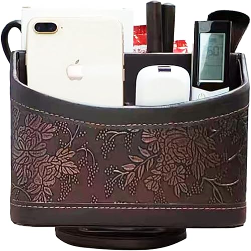 Caja de almacenamiento de suministros de escritorio giratoria de 360 grados, soporte de control remoto de piel sintética, organizador de escritorio