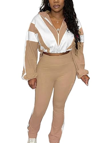 Women 2 Piece Outfit Long Sleeve Zip Up Crop Jacket