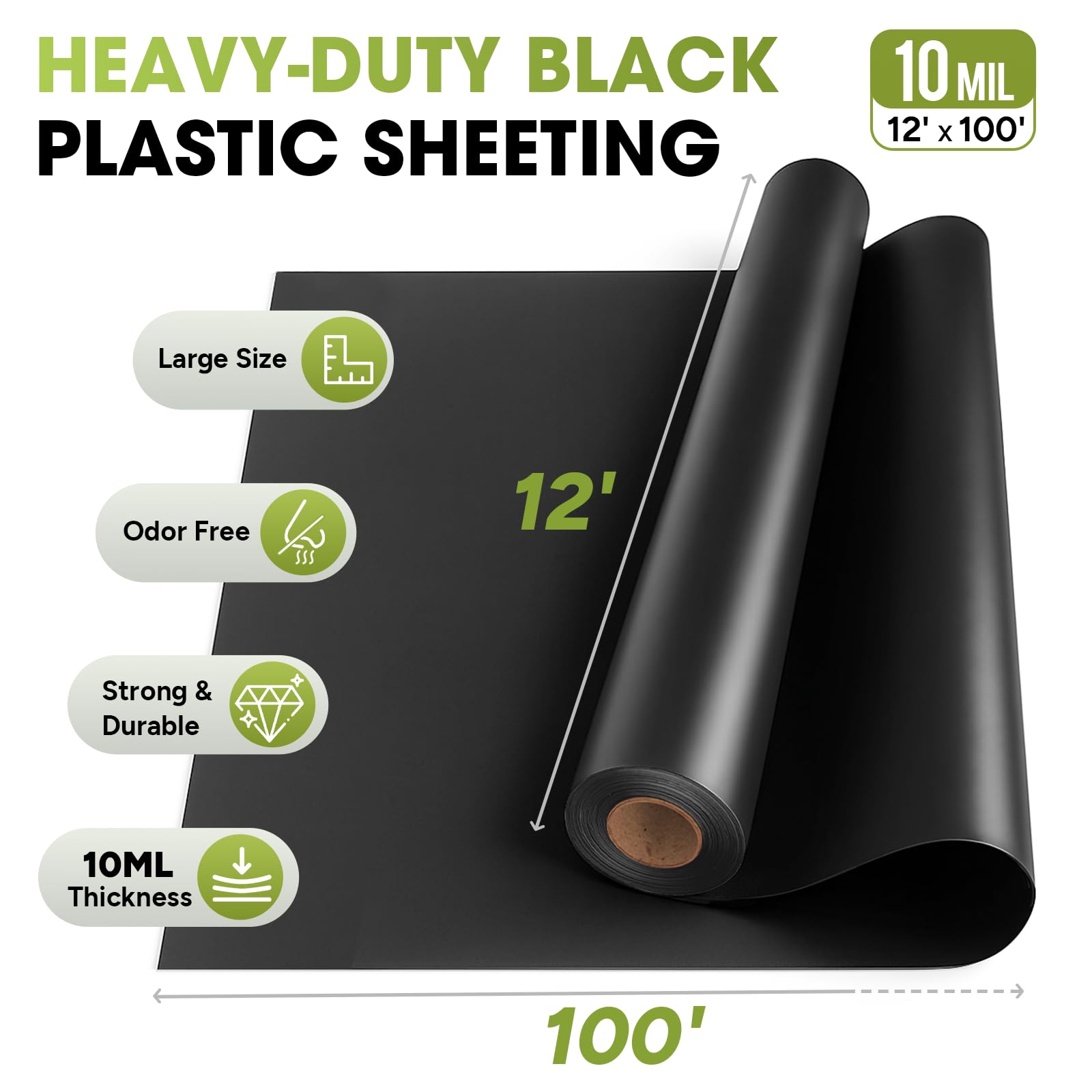10 mm schwarze Kunststofffolie, 3,6 x 30,5 m, robuste Polyethylen-Kunststoffrollen für Garten, schwarze Kunststoffrollen für Kriechraum, Dampfsperre, Bau, Landschaftsbau