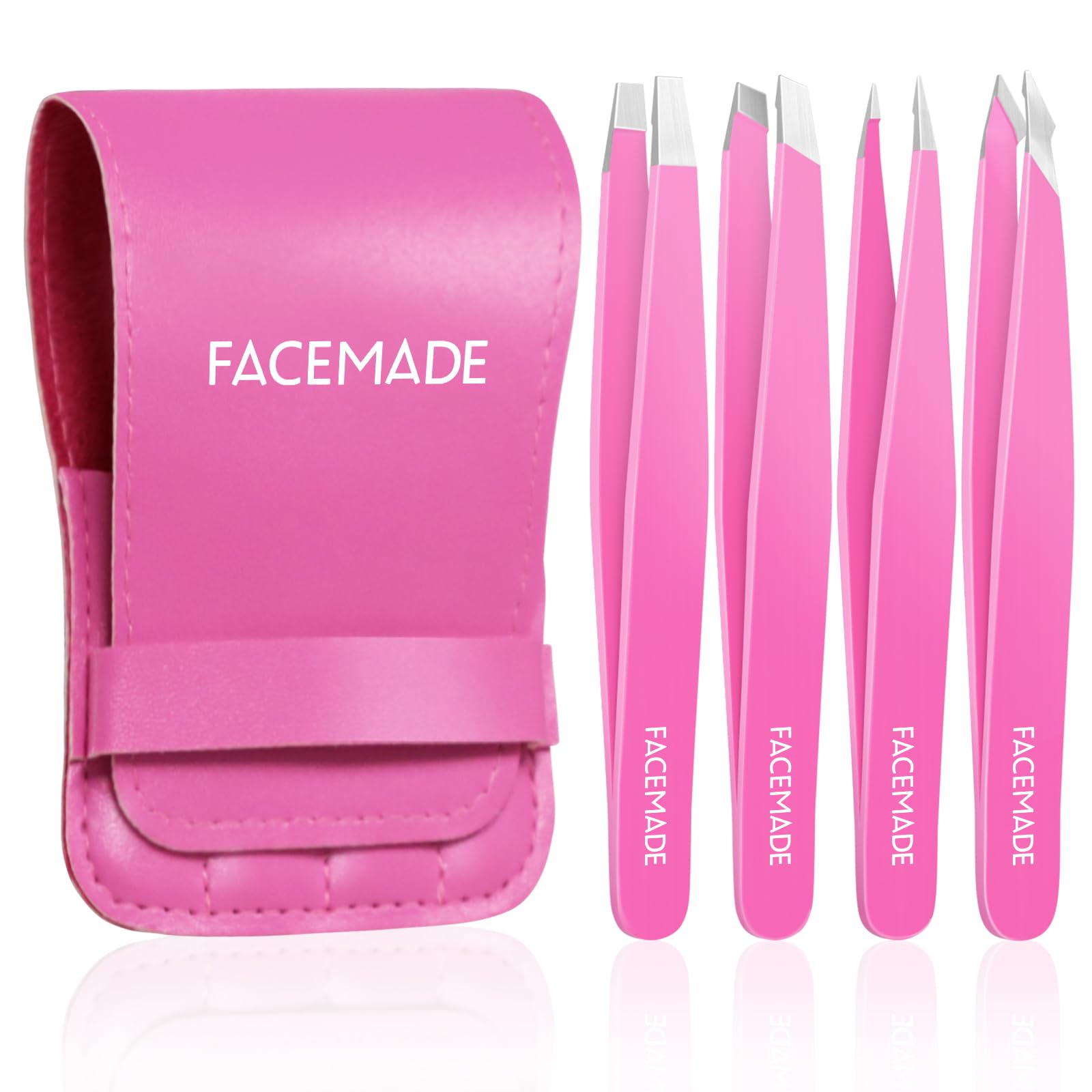 FACEMADE 4 Pack Tweezers Set - Professional Stainless Steel Tweezers for Men and Women, Precision Eyebrow Tweezers for Facial Hair, Chin, and Ingrown Hair Removal (Rose Red)