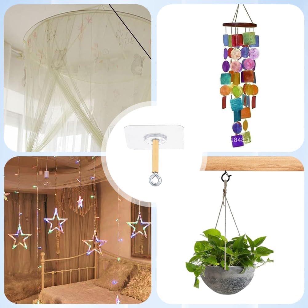 GORGECRAFT 10 Sets Adhesive Ceiling Hooks 11Ib(Max) Plastic Platinum Utility Wall Mount No Drill Closed Sticky Hangers Iron Screw Brass Column Hook for Hanging Lantern Chandelier Light Wind Chime
