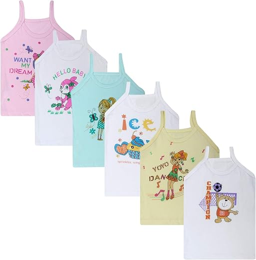 superminis Baby Girl's Sleeveless Printed Cotton Regular Fit Camisole Slips - Pack of 6 & 5