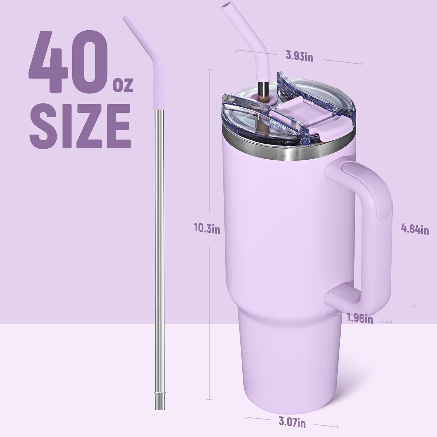 COKTIK 40 oz Tumbler With Handle and Straw, Insulated Tumbler With Leakproof Lids, Stainless Steel|BPA-Free, Cold for 24 H (Lavender) - Image 2