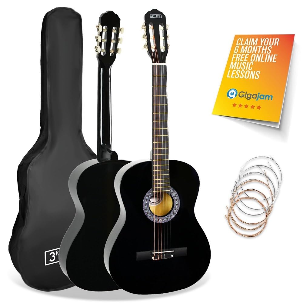 3rd Avenue Black Three Quarter Size Classical Guitar Set - 3/4 Size - Beginner Pack