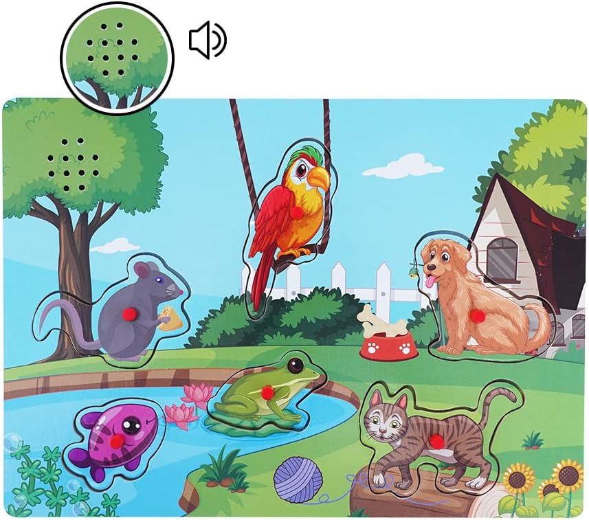 EXPLORATOYWooden Pet Animals Sound Peg Puzzles for Toddlers Wooden Pegged Puzzle with Sound Effect for Toddlers and Preschoolers, Educational Learning Toy Gift