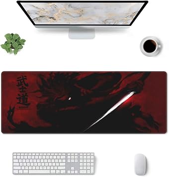 Black Japanese Samurai Cool Anime Mouse Pad 11.8x31.5 in Big Extended Non-Slip Rubber Base Mousepad with Stitched Edges Gaming Pc Desktop Large Mouse Pad
