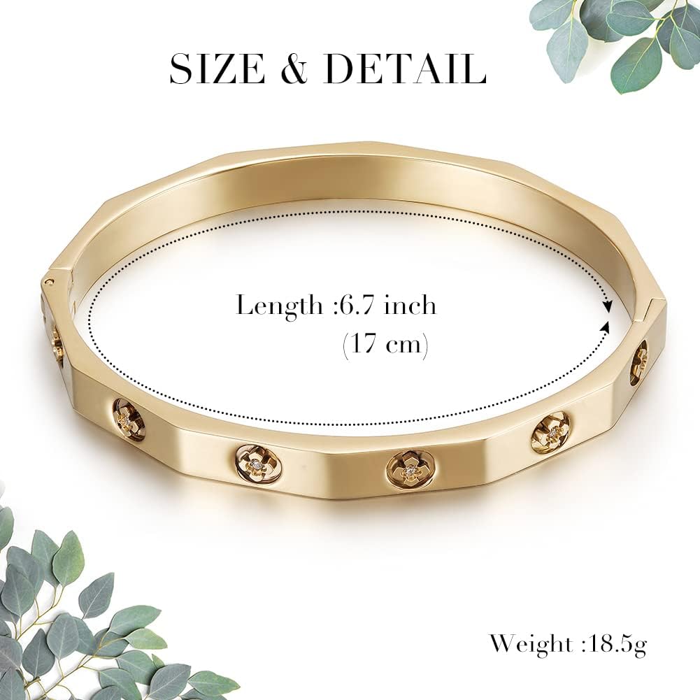 CIUNOFOR 14K Gold Filled Floral Engraved Bangle Bracelet for Women, Charm Bracelet With Cubic Zirconia, 2.2” Inner Diameter, Fits 6.5”–7.5” Wrists - Image 6