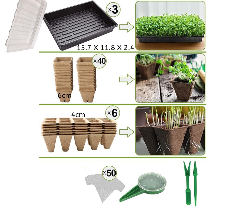 WY8 Seed Trays Starter Kit, Include 100 Biodegradable Pots for Seedlings 3 Plastic Growing Trays with 3 Crystal Lids - Image 2