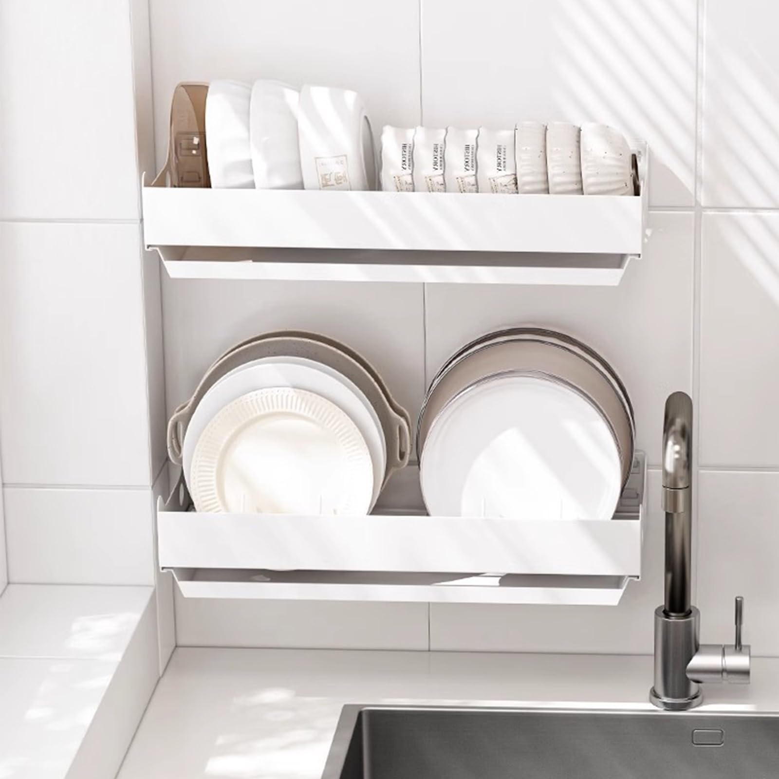 Hängender Geschirrständer, an der Wand montierter Geschirrtrockner, doppelschichtiger Geschirrabtropfständer, Geschirrabtropfständer mit Abnehmbarer Wasserschale