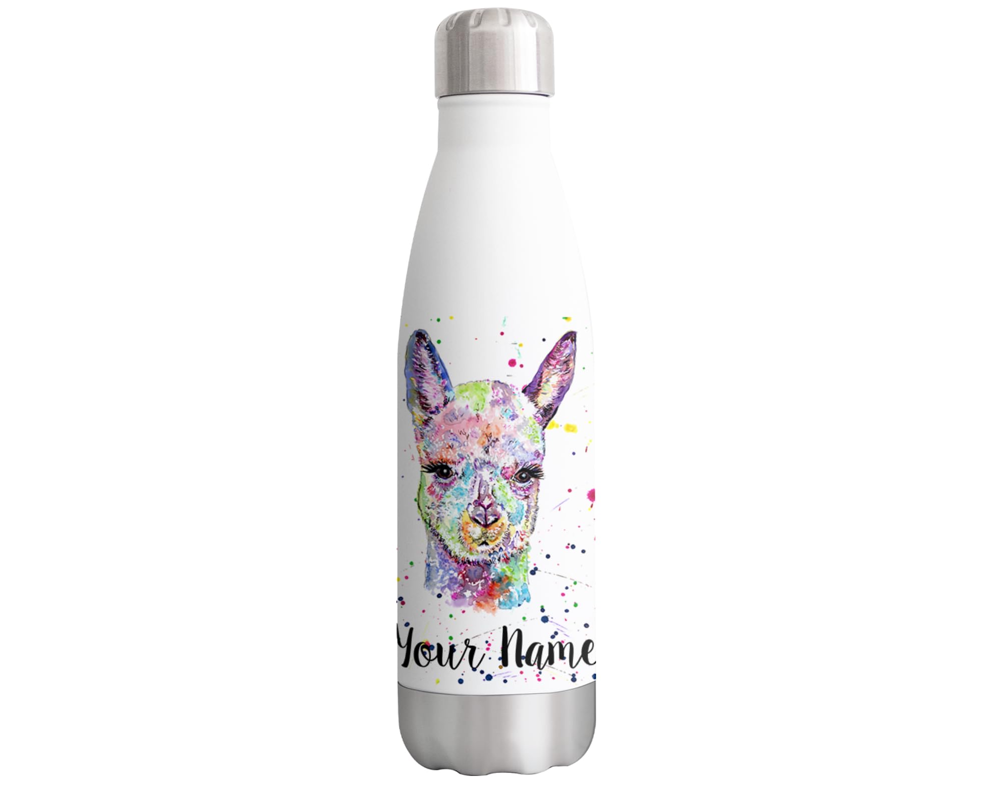 Vixar White With Print Alpaca Personalised Custom Bottle With Your Text/Name Watercolour Animals Rainbow Art Bottle Double Wall Insulated Stainless Steel Sport Drinks 500Ml