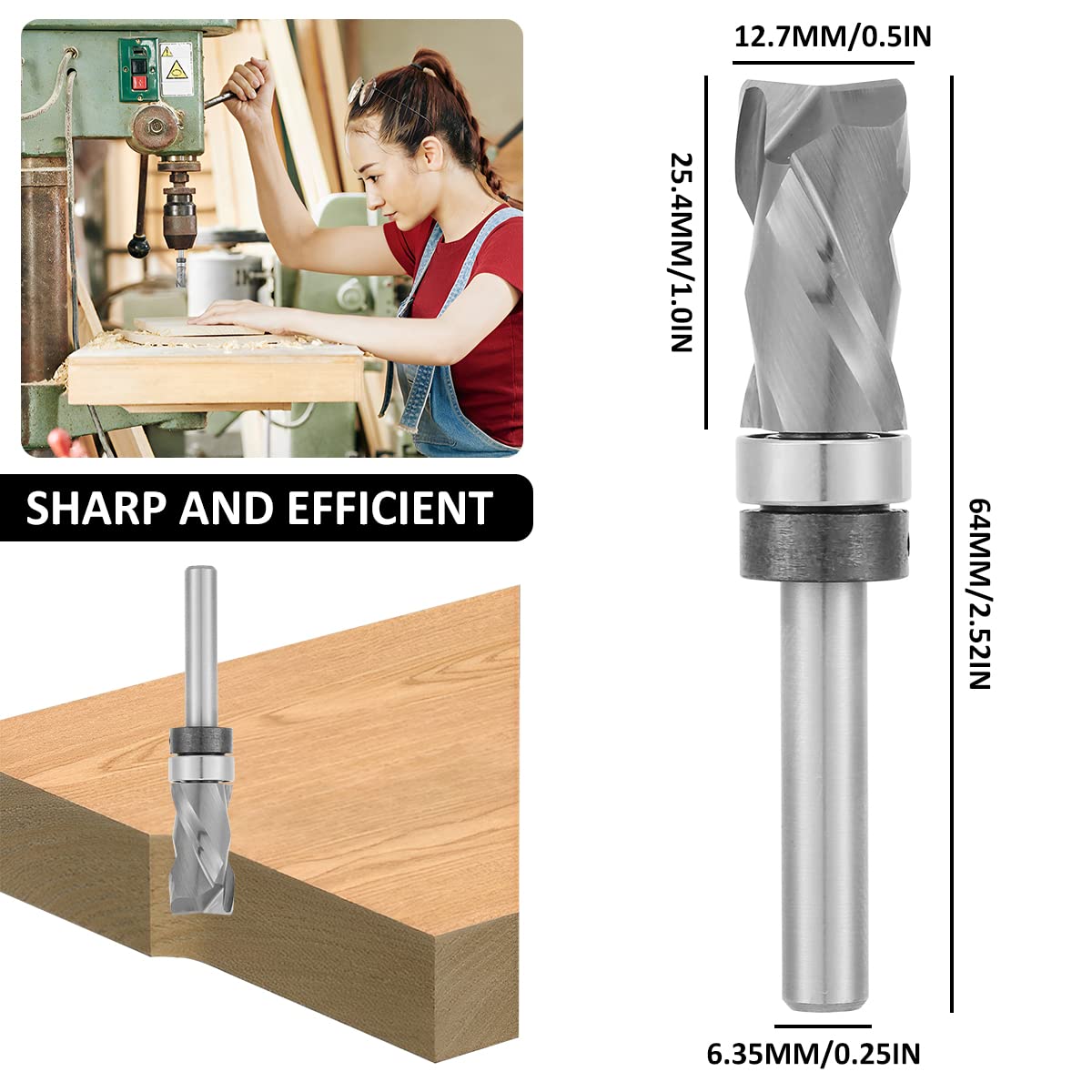 Deuson Flush Trim Router Bit Metal Top Compression de roulement vers le bas Routeur Spiral Bit Carbure Outil de travail du bois Kit professionnel pour panneau de fibres, bois massif, contreplaqué