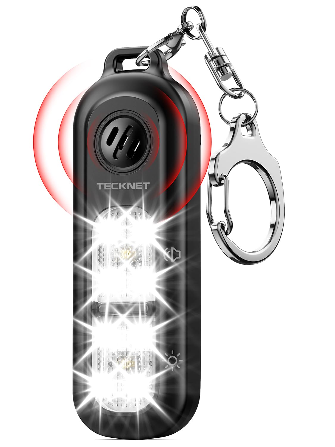 TECKNET Taschenalarm für Frauen, 135dB Persönlicher Alarm mit Stroboskoplicht, IPX4 Wiederaufladbare Sirene mit Schlüsselanhänger, Lauter Alarm für Frauen unterwegs, Kinder, Senioren, Schwarz