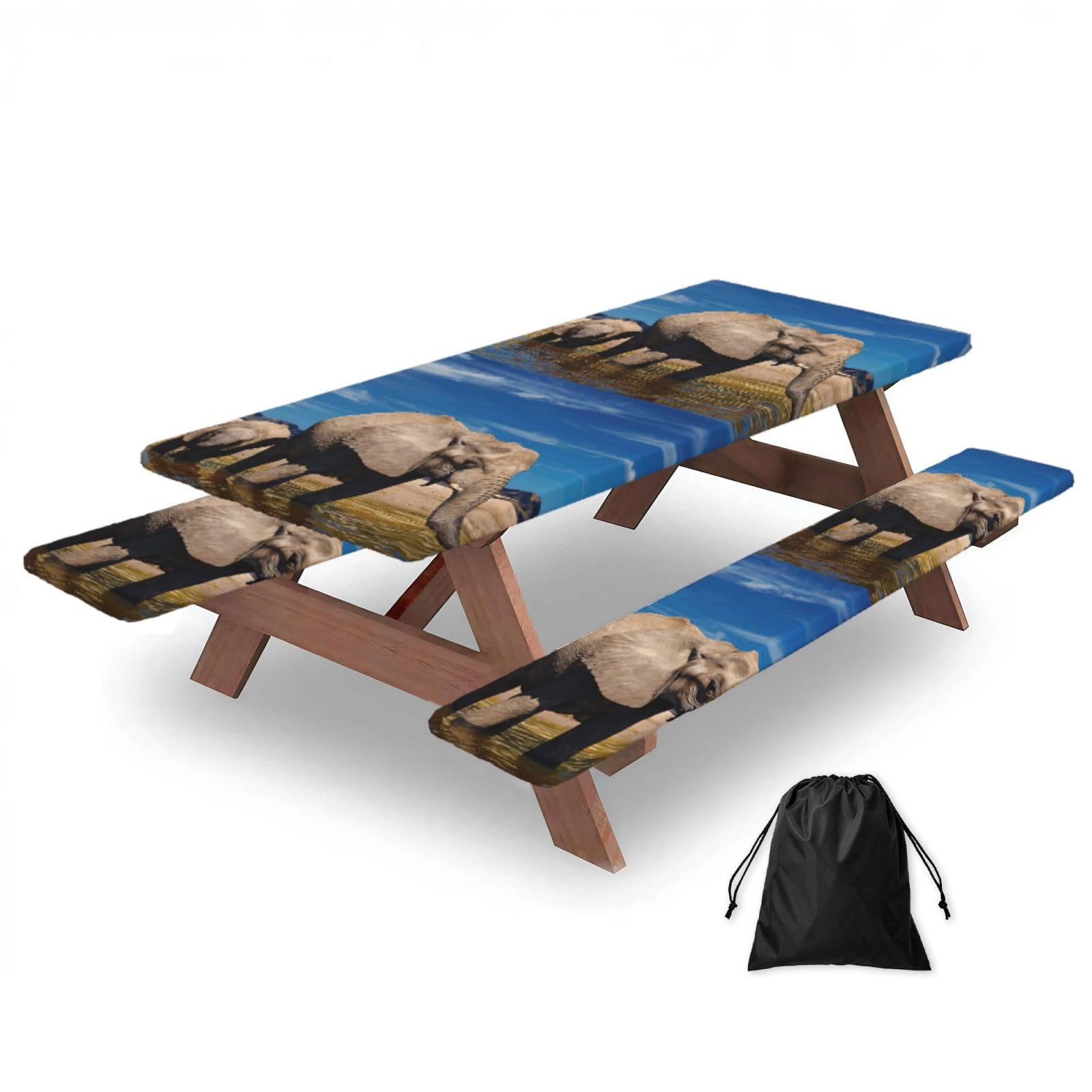Yqxwjl Black Big Ears Elephant Print Camping Essentials Waterproof Camping Table And Bench Cover With Drawstring Bag 183 Cm