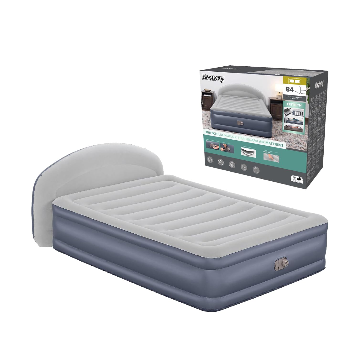 Bestway 671BD Materasso Matrimoniale Queen Tritech LoungeLux con testiera e Pompa CA Incorporata, 2.29 m x 1.52 m x 84 cm, Blu