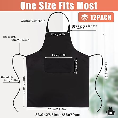 Miniatura 2 de Paquete de 12 delantales con peto, delantales negros a granel, delantales unisex lisos con 2 bolsillos, delantal negro lavable a máquina para