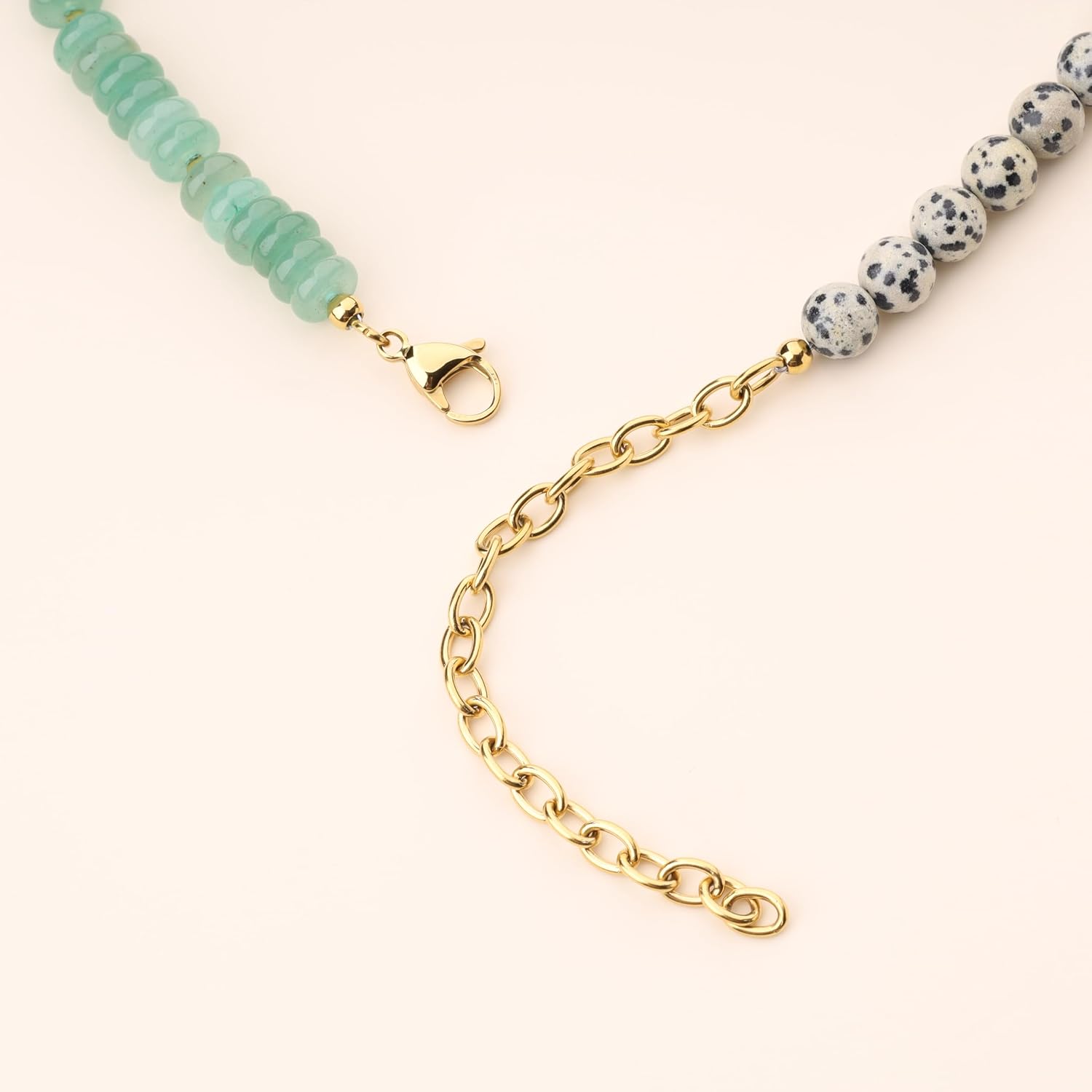 Natural Gemstone Beaded Necklace for Women, Colorful Necklace for Women Green Aventurine Dalmatian Jasper Beads, Boho Summer Beach Jewelry, Length 15"+4”
