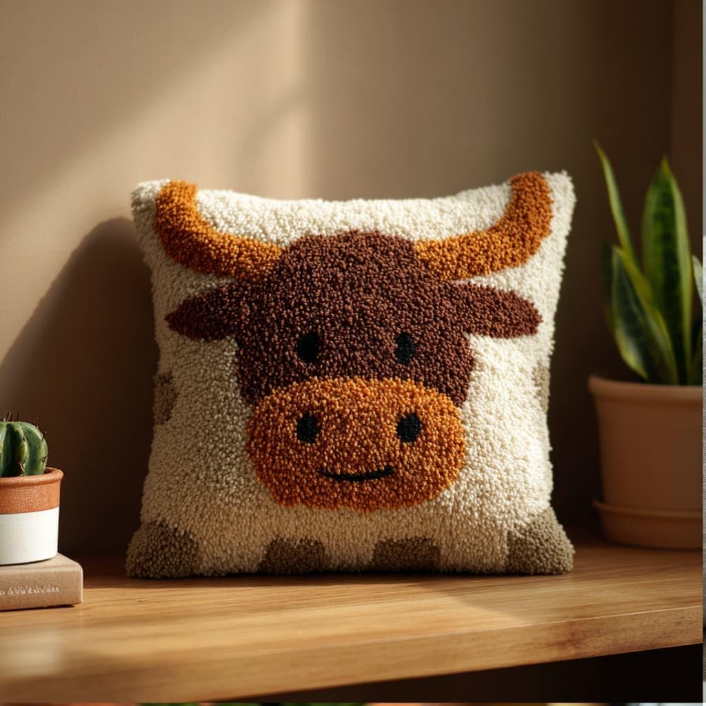 AxiangziK Latch Hook Pillow Kit,Bull Head DIY Cushion Cover 43X43Cm