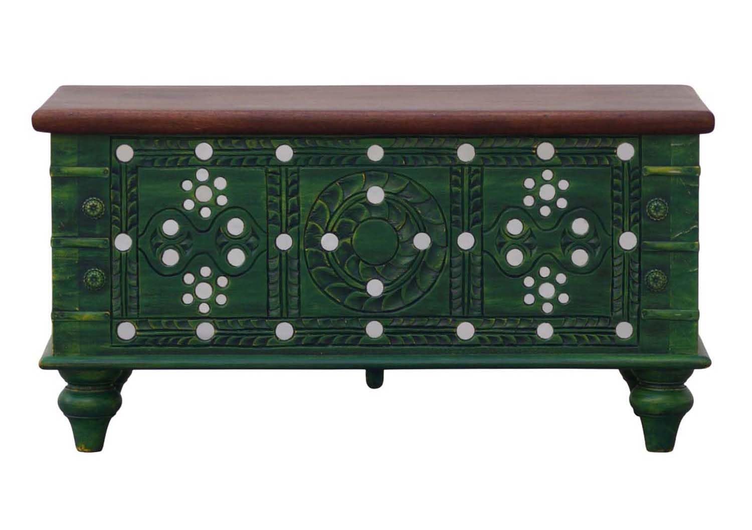 Wooden Carved Trunk, Carved Box for Living Room, Carved Trunk with Storage, Wooden Carved Coffee Table with Storage, Carved Blanket Box, Distressed Green Finish with Mirror Details.-image-21