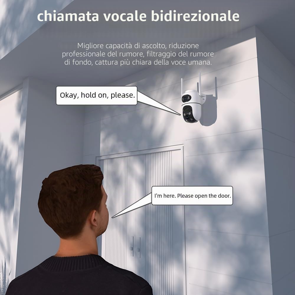 Telecamera Wi-Fi Esterno Doppio Obbiettivo, Telecamera WiFi da Esterno PTZ Videocamera Sorveglianza con Scheda TF 64 GB Rilevamento Umano Visione Notturna a Colori Tracciamento Movimento con Sirena