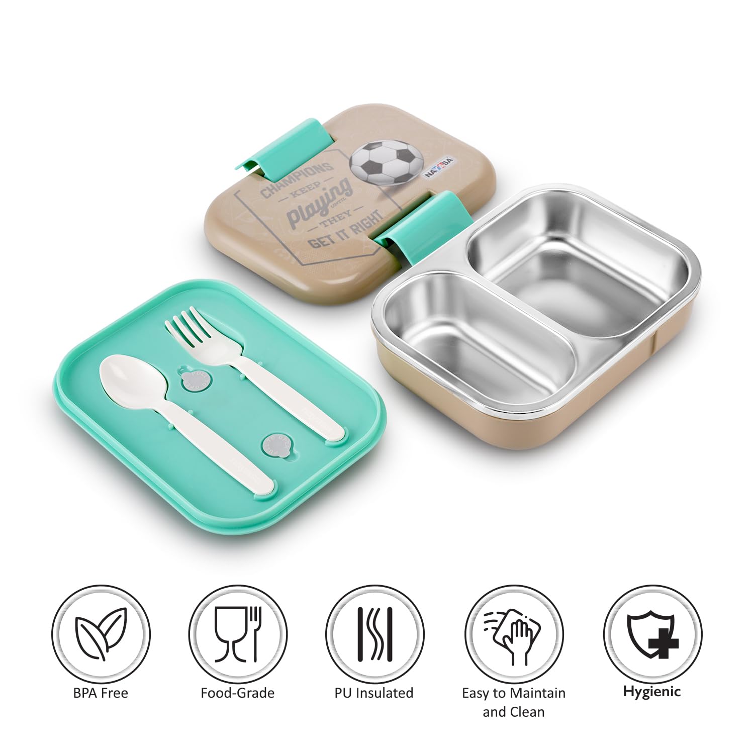 Nayasa Marco 2 Compartment Stainless Steel Insulated Lunch Box for Kids Boys | Football Champion Print | Vacuum Sealed Leak Proof Tiffin Box | 650 ml | Grey — Amazon image 8