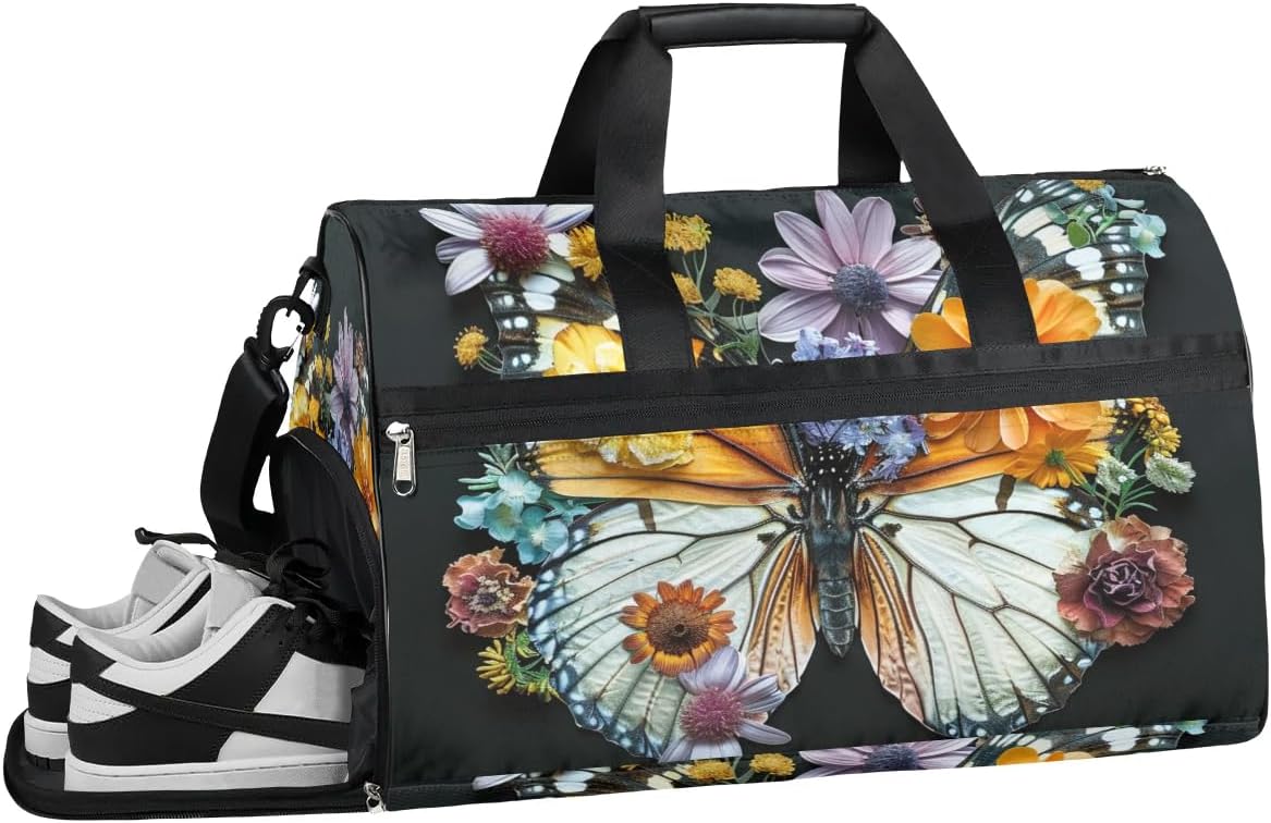 Lovely Butterflies Decor Gym Bag for Women Duffle with Shoes Compartment Men Weekender Duffel Bags for Travel Sports Swimming Overnight Dance