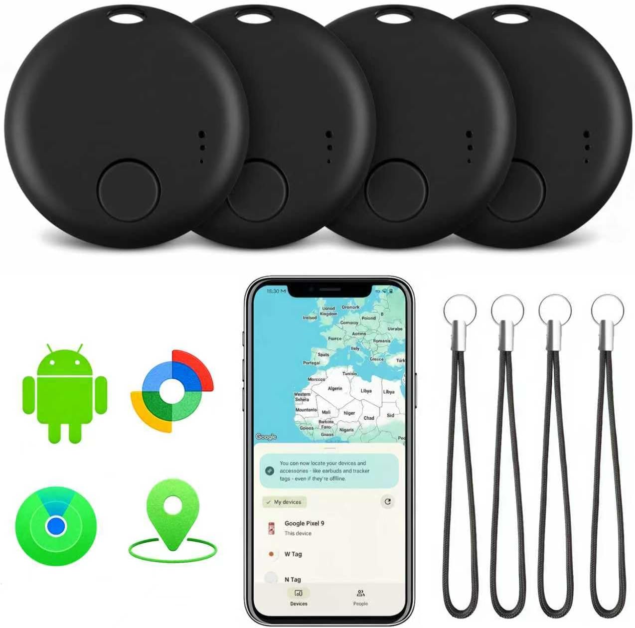 Air Tracker Tags-4 Pack, Bluetooth Tracker with Sound, Compatible with Google’s Find Hub (Android) and Apple Find My (iOS), for Keys, Wallets, Luggage, Pets, No Subscription (Black)