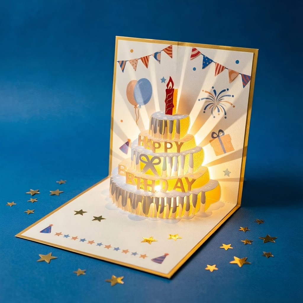 Gold Blue Recording Birthday Card - 3D Pop Up with Lights, 60s Record & Replay Voice Message, Unique Musical Greeting Card for Women Men Kids (Includes Envelope)