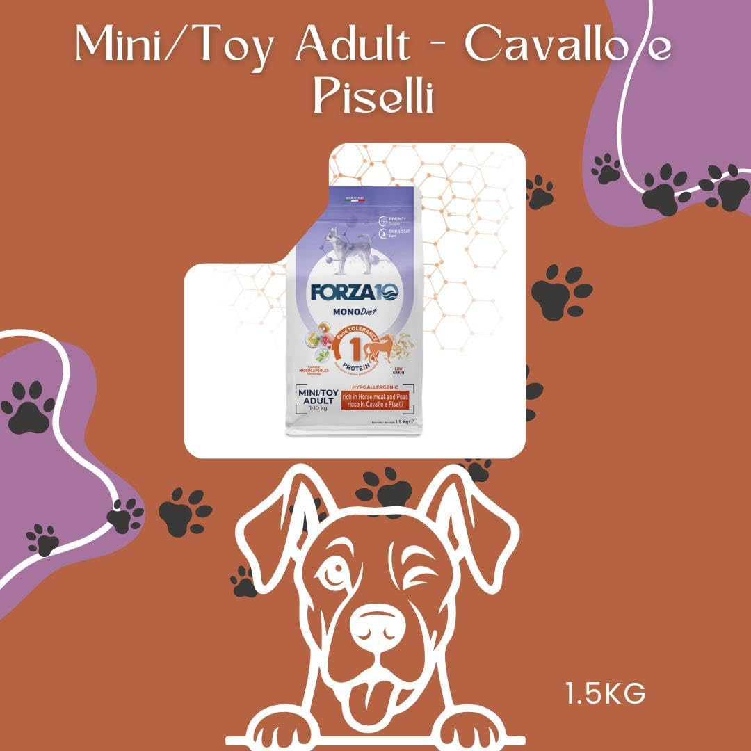 Forza 10 Perro pequeño/Mini Adult Mono sabor caballo y guisantes, alimento completo monoproteico para perros adultos de talla pequeña, hipoalergénico, paquete de 1,5 kg.