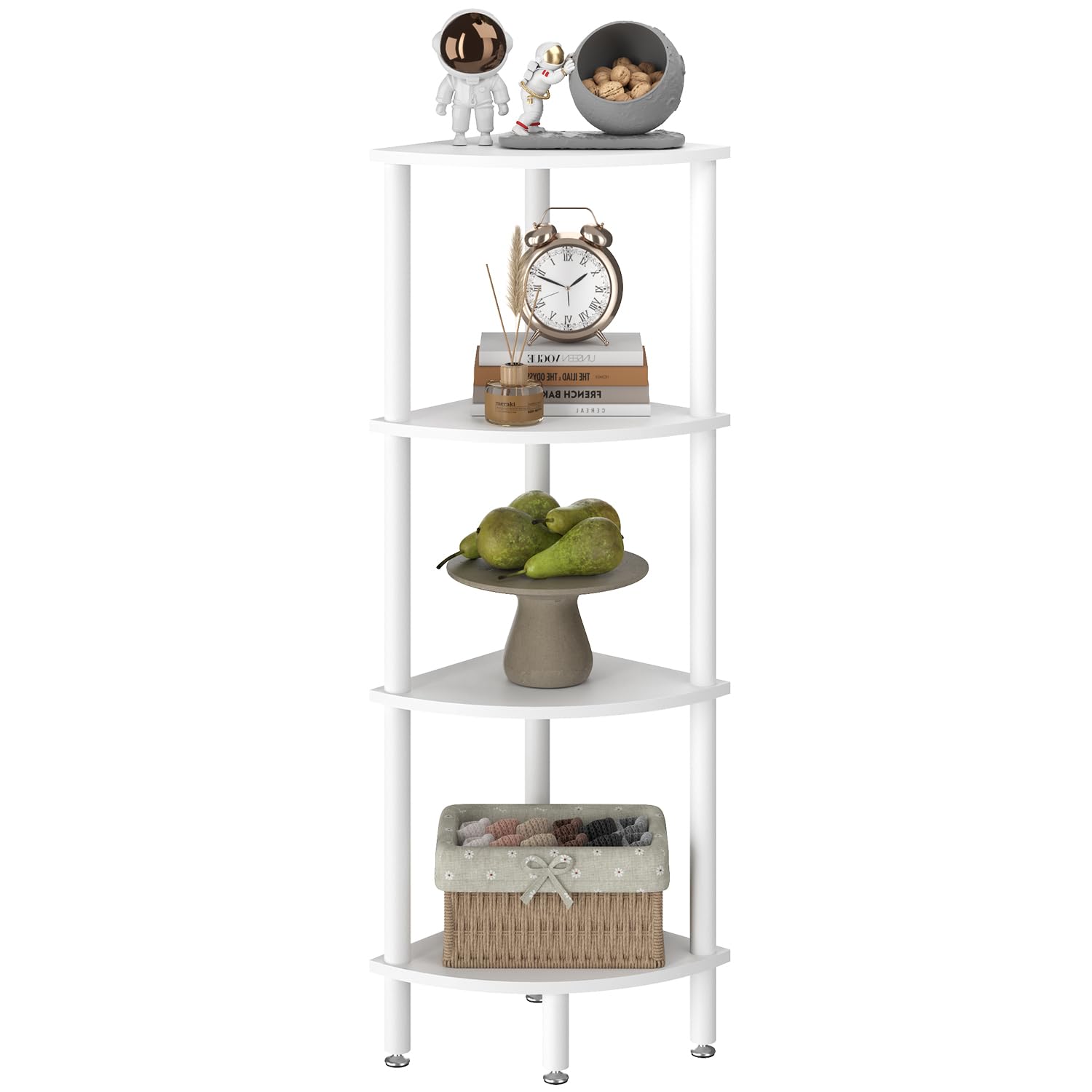 IBUYKE 4 Tier Corner Shelf Stand,Industrial Corner Display Rack,Corner Bookshelf for Living Room, Bedroom, Kitchen, Home Office, White WBC014W