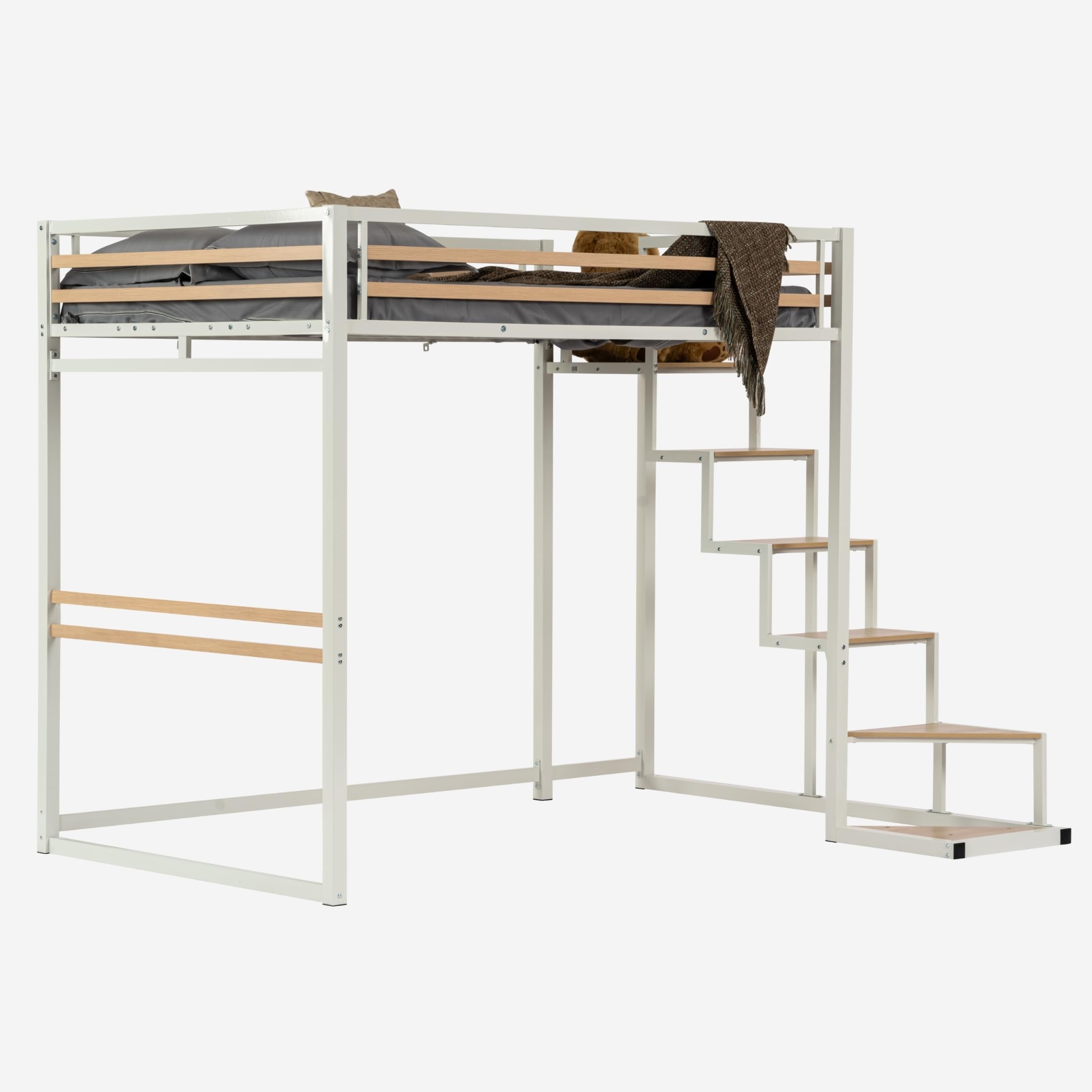 MEUBLE COSY Letto a Soppalco 140 x 200 cm con Rete a Doghe in Legno di Ingegneria e Metallo, Stile industriale, Letti per Camerette, Adulti, Bambini, Casa, Bianco+Quercia