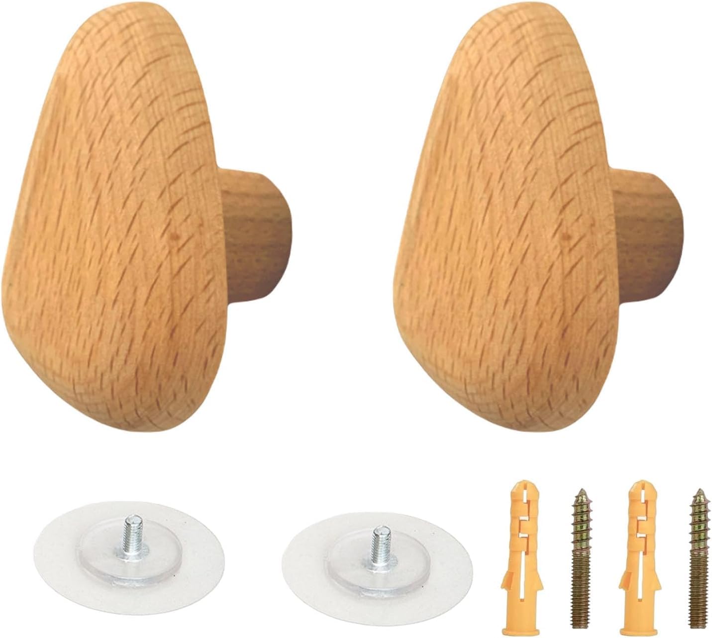 MOPAHCVT Clothing Racks Coat Hooks, 2-Piece Set, Solid Wood, Wall-Mounted, No Drilling Required(Beech,64 * 46mm)