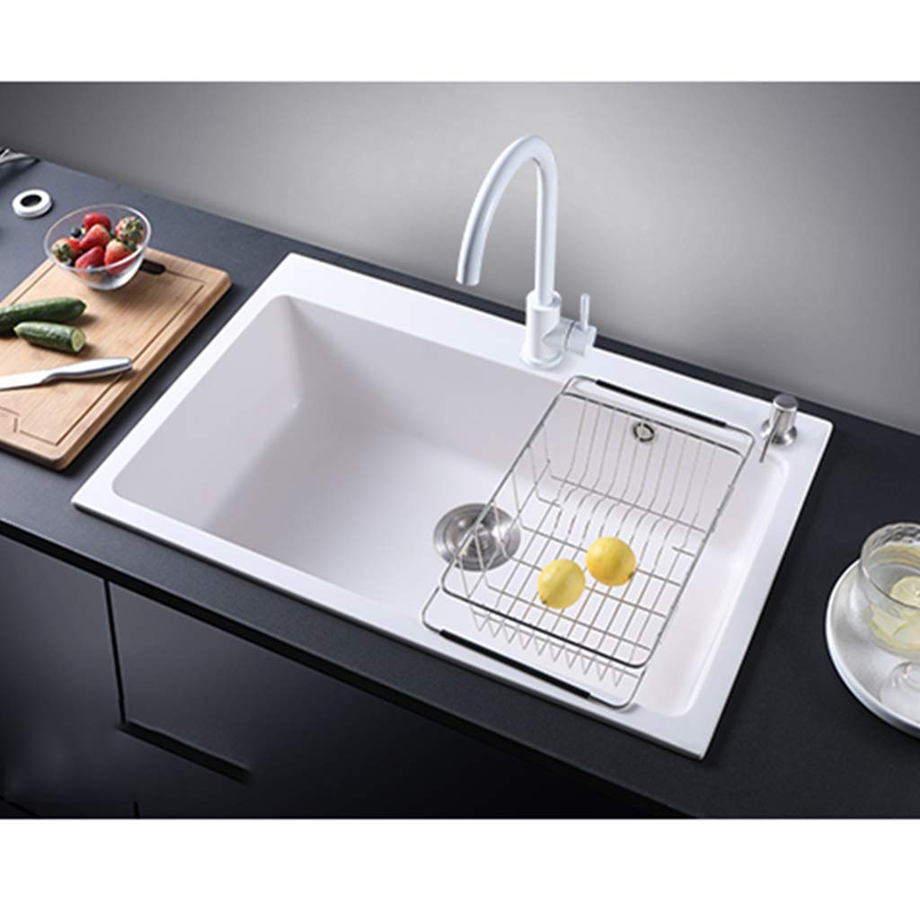 ZQFHSX Kitchen Fixtures Square Sink Quartz Stone Household Multi-function Single Basin Pool Tableware Cleaning (Color : White, Size 55 * 43cm)