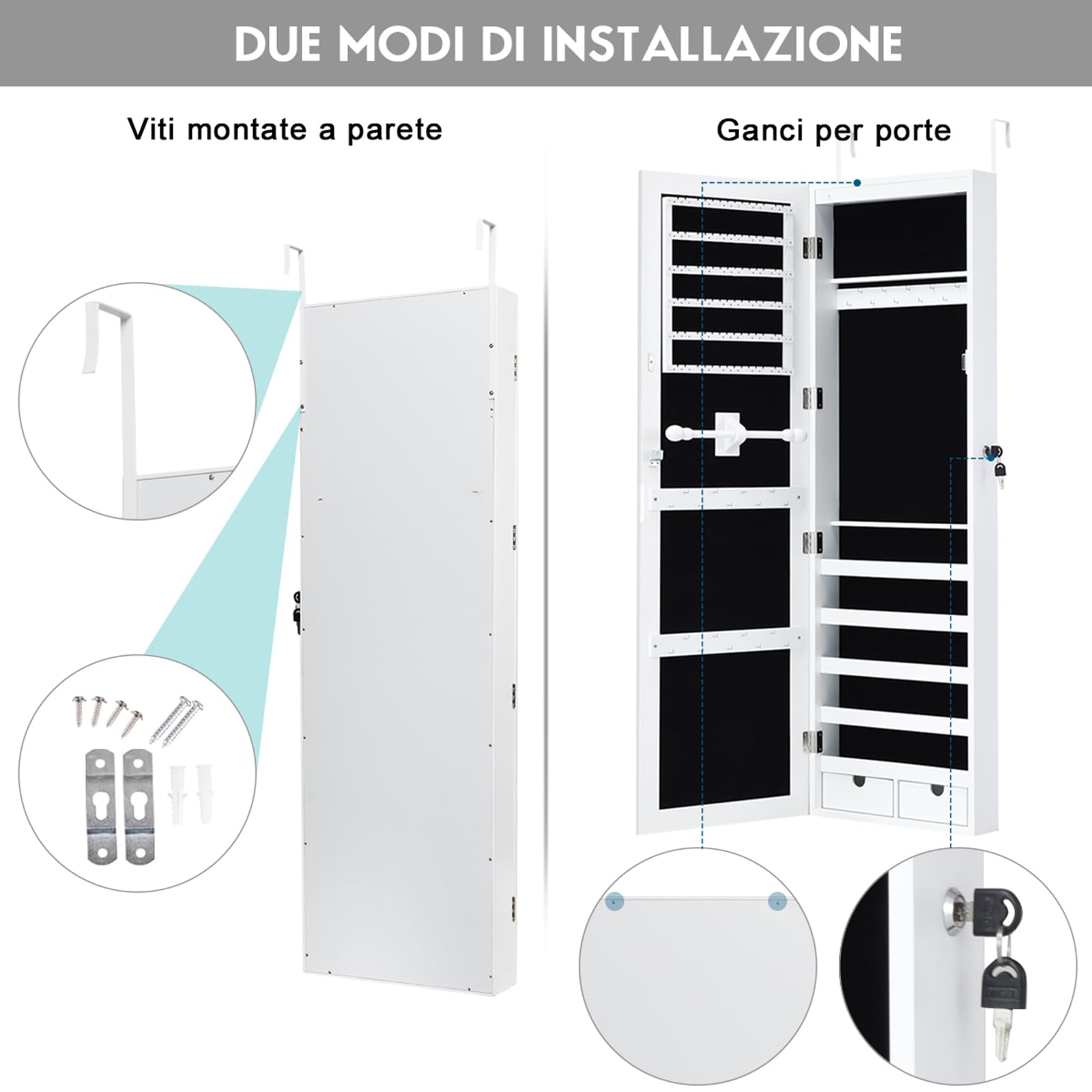 Armadietto Portagioie COSTWAY Con Specchio E Luci LED - 160x41,5x37 Cm, Bianco, Con Chiave - Foto 10