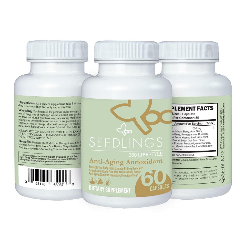 Seedlings Anti-Aging Antioxidant - is Based on a Pure and Premium Antioxidant Formula, and a Single Capsule with Açaí, Goji and Maqui Delivers a Highly Potent Antioxidant Effect. Full 30 Day Supply!